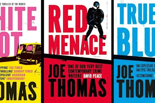 Covers for the Joe Thomas books White Riot, Red Menace, and True Blue